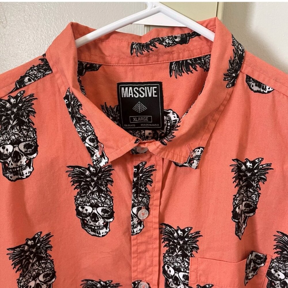 Pineapple Skull Button Down Shirt XL Coral Tropical Novelty Vacation Party - Picture 4 of 16